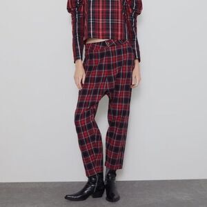 Zara Red Black Plaid Oversized Baggy Cropped Trousers Pockets Button Zip Small